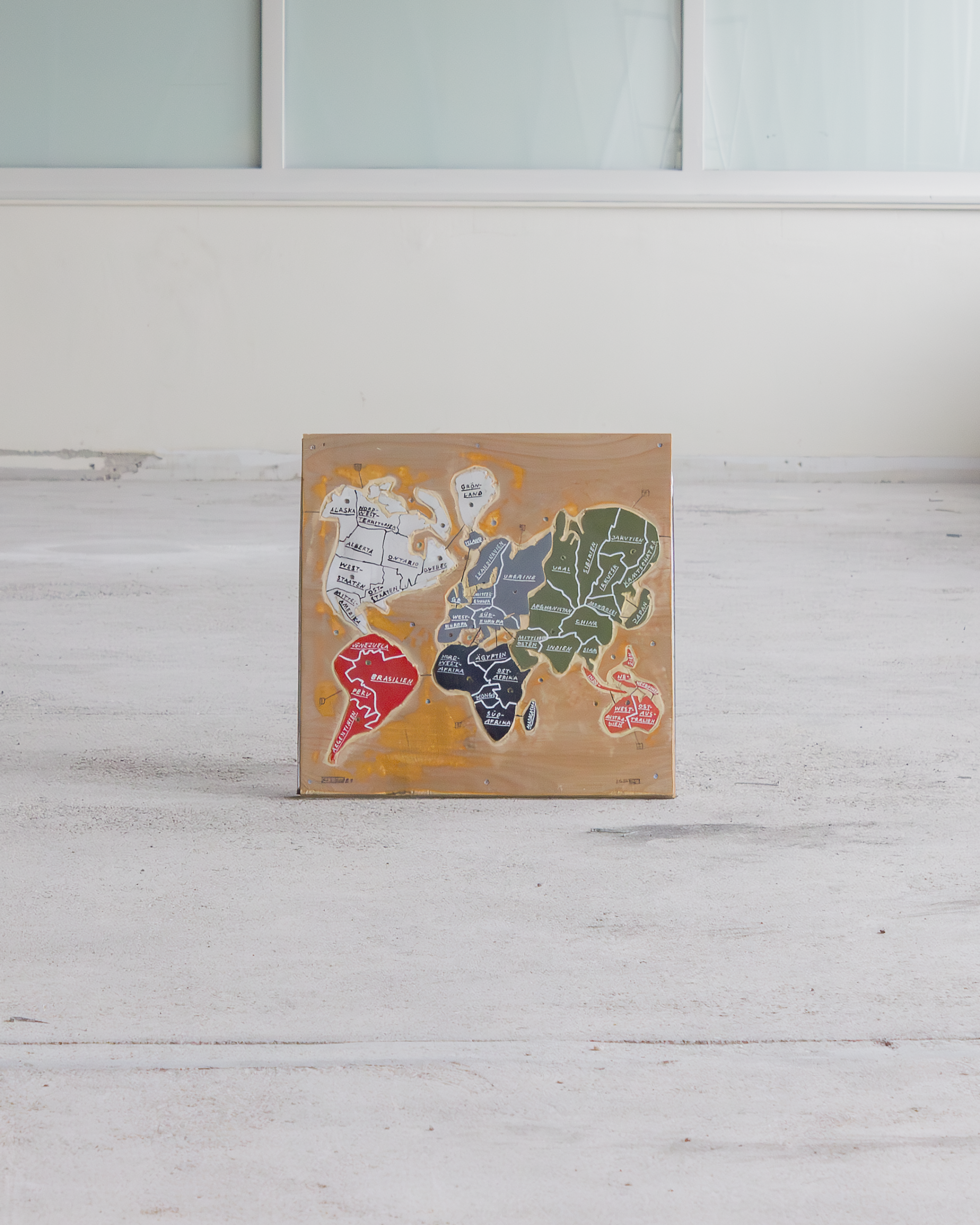 plywood, epoxy, paint, marker, graphite, screws, glue 50 x 50 cm